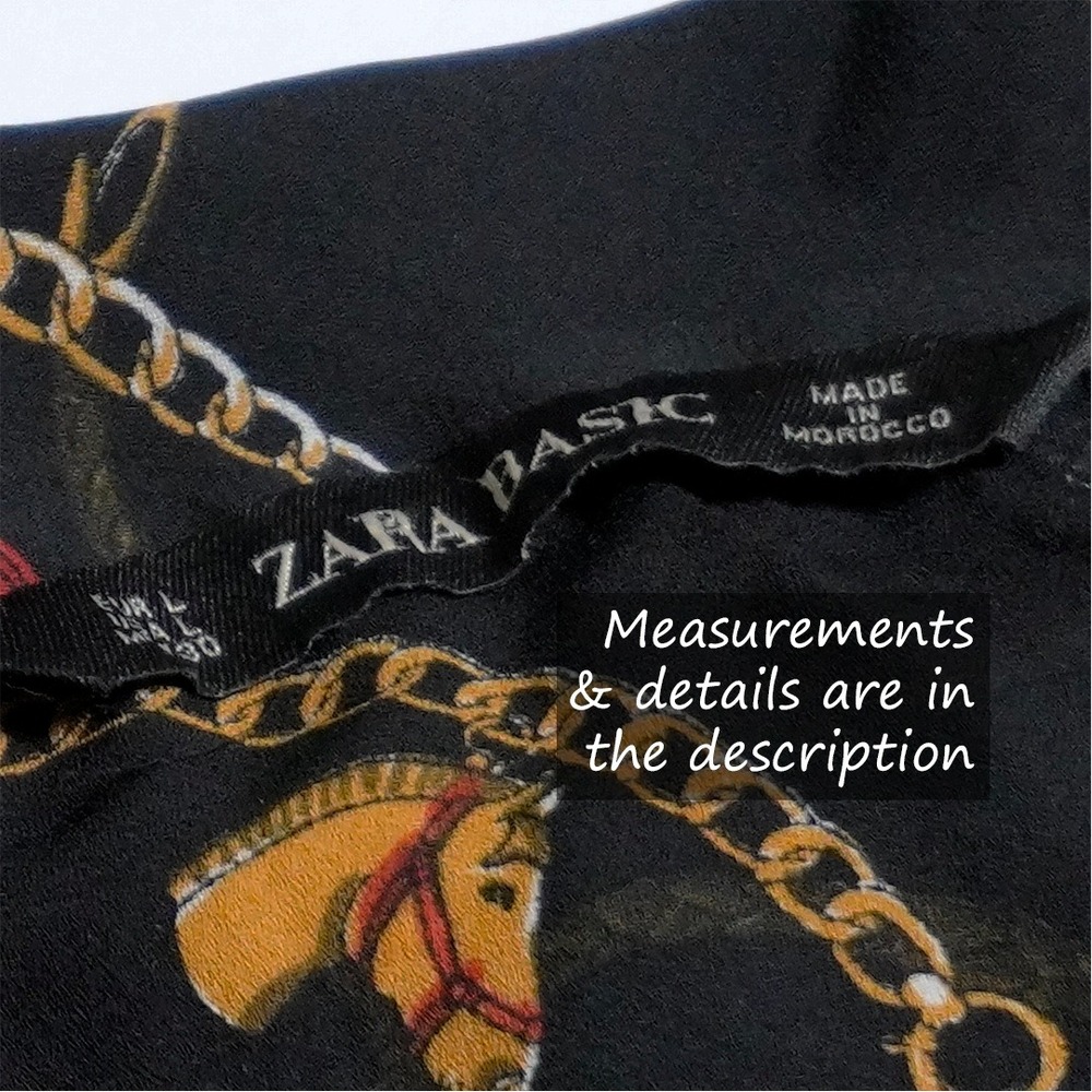 Zara Black Equestrian Chain Tassel Print Tie-Neck Blouse 0X Large Old Money - Picture 7 of 9